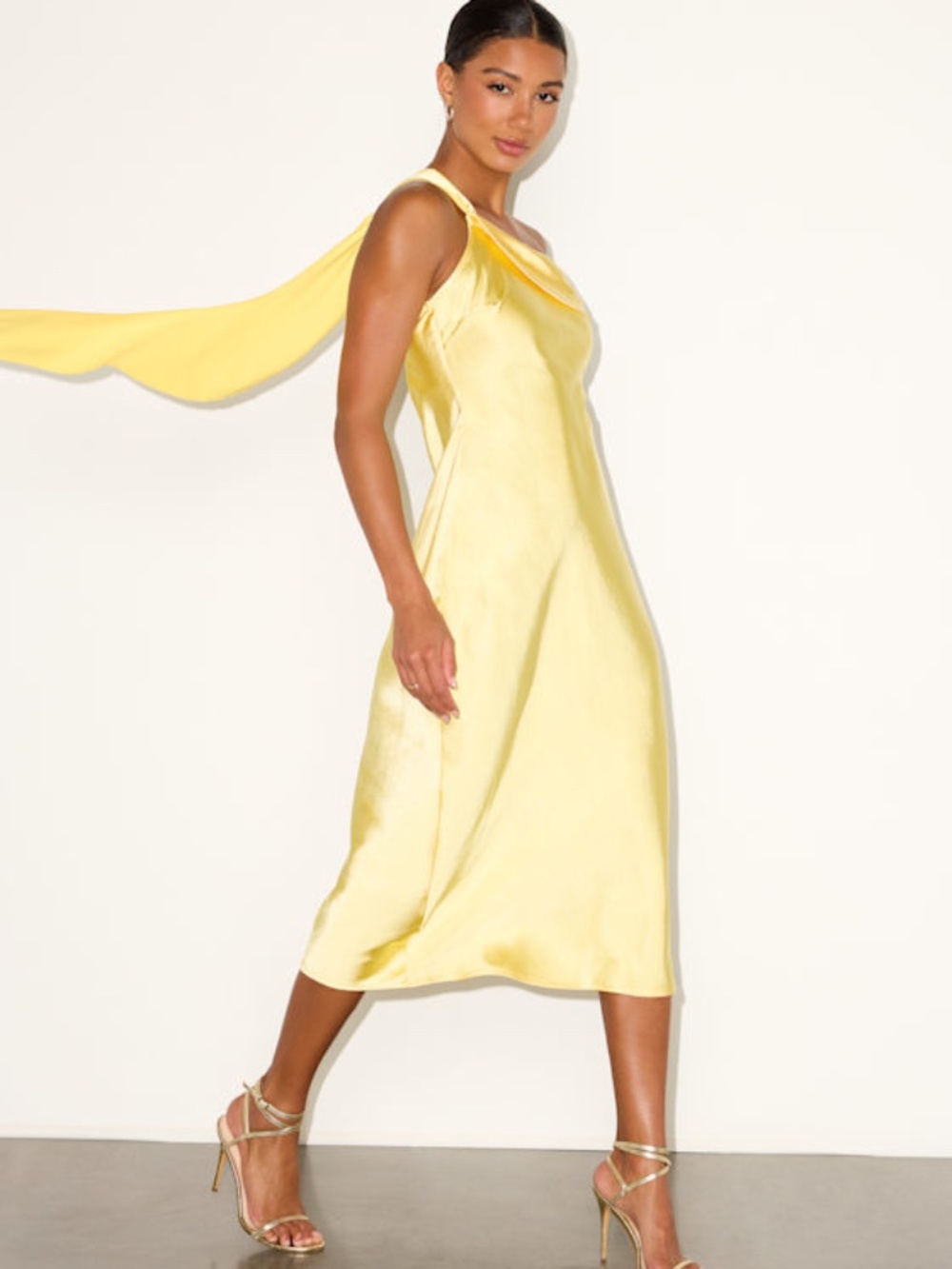 Lulus Naima Yellow Satin One-shoulder Midi Dress - Size M
